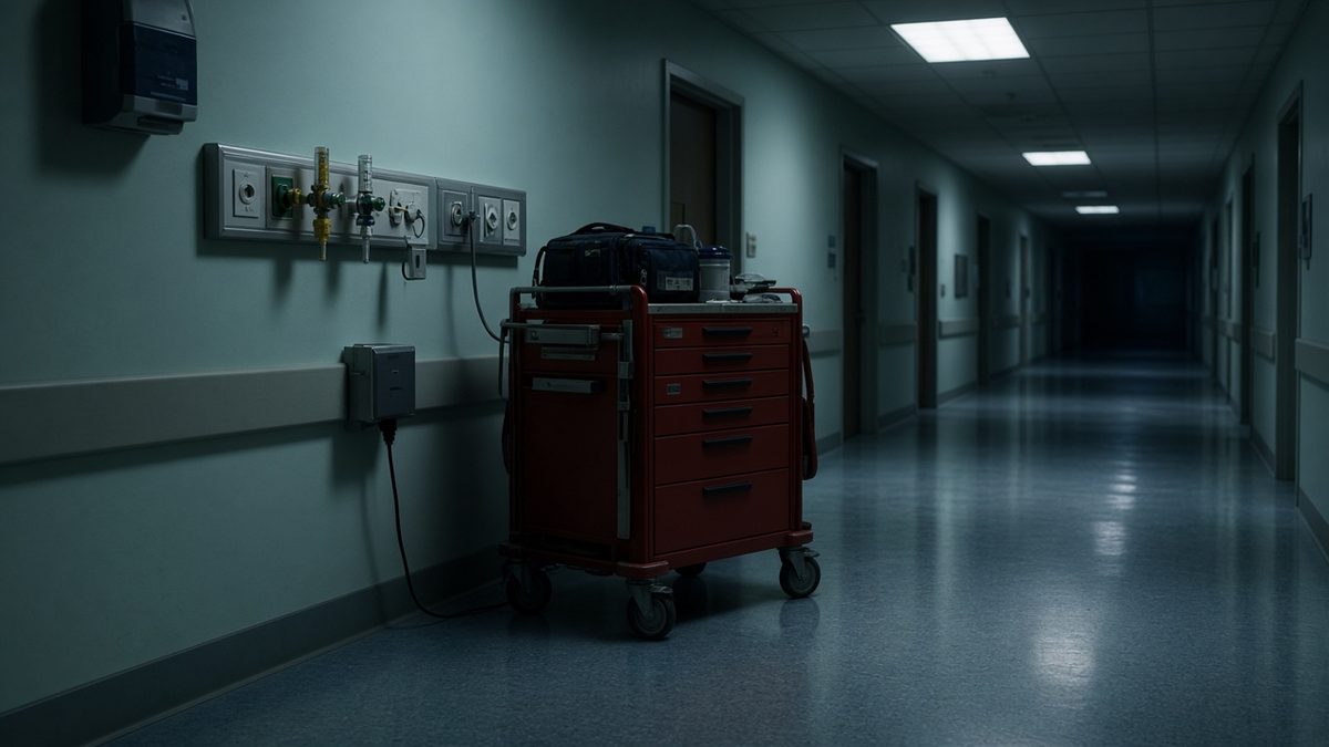Night-lit emergency clinic corridor and crash-cart silhouette