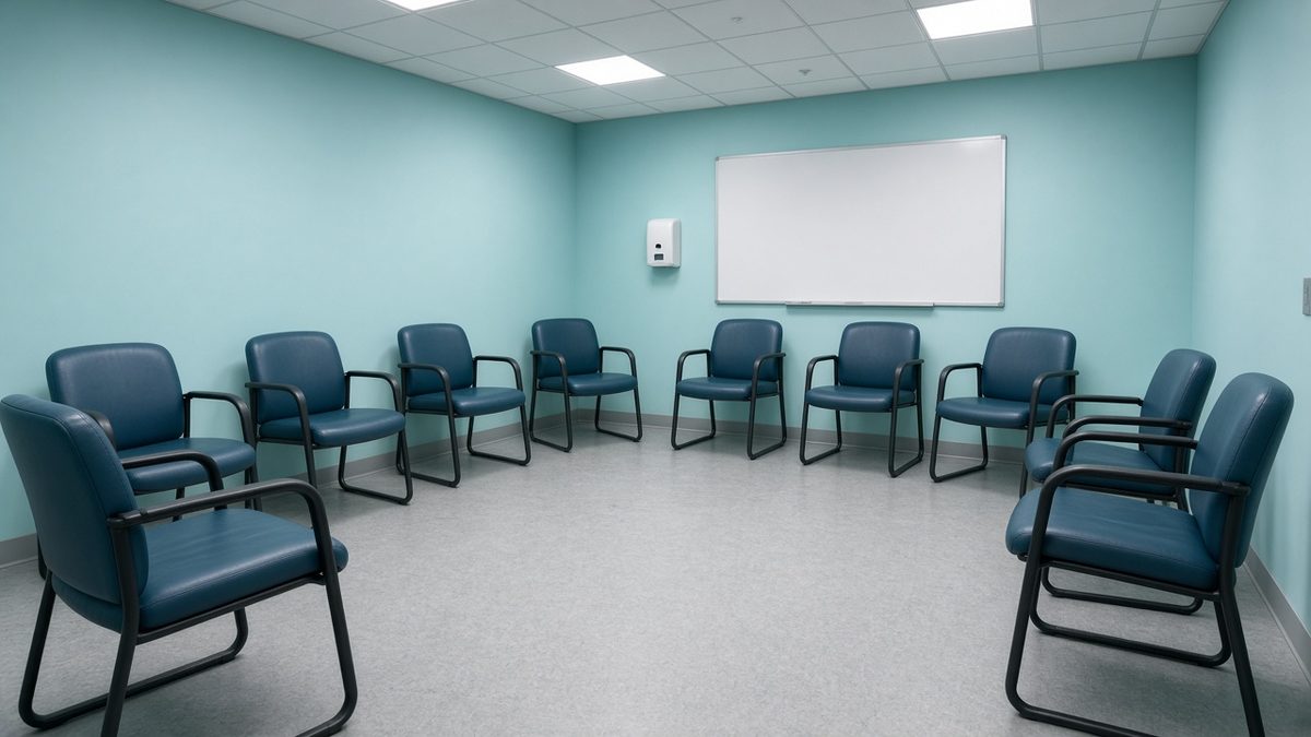 Clinical group room: chairs facing a blank whiteboard