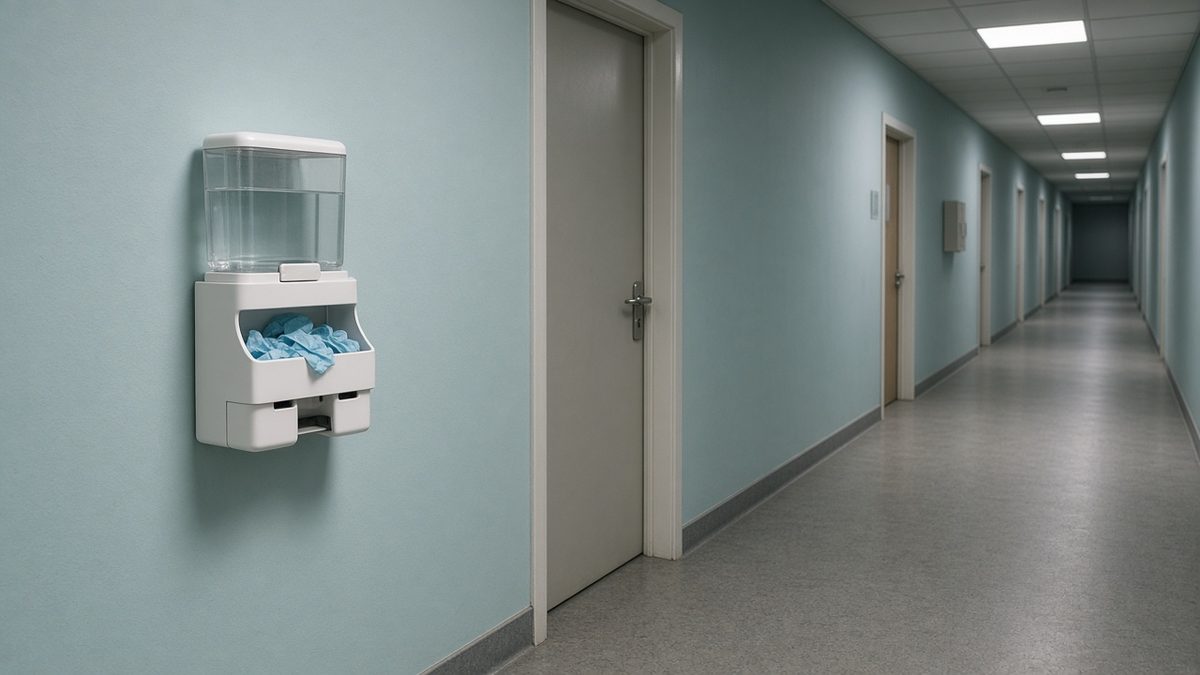 Clinic corridor with wall sanitizer and glove dispenser