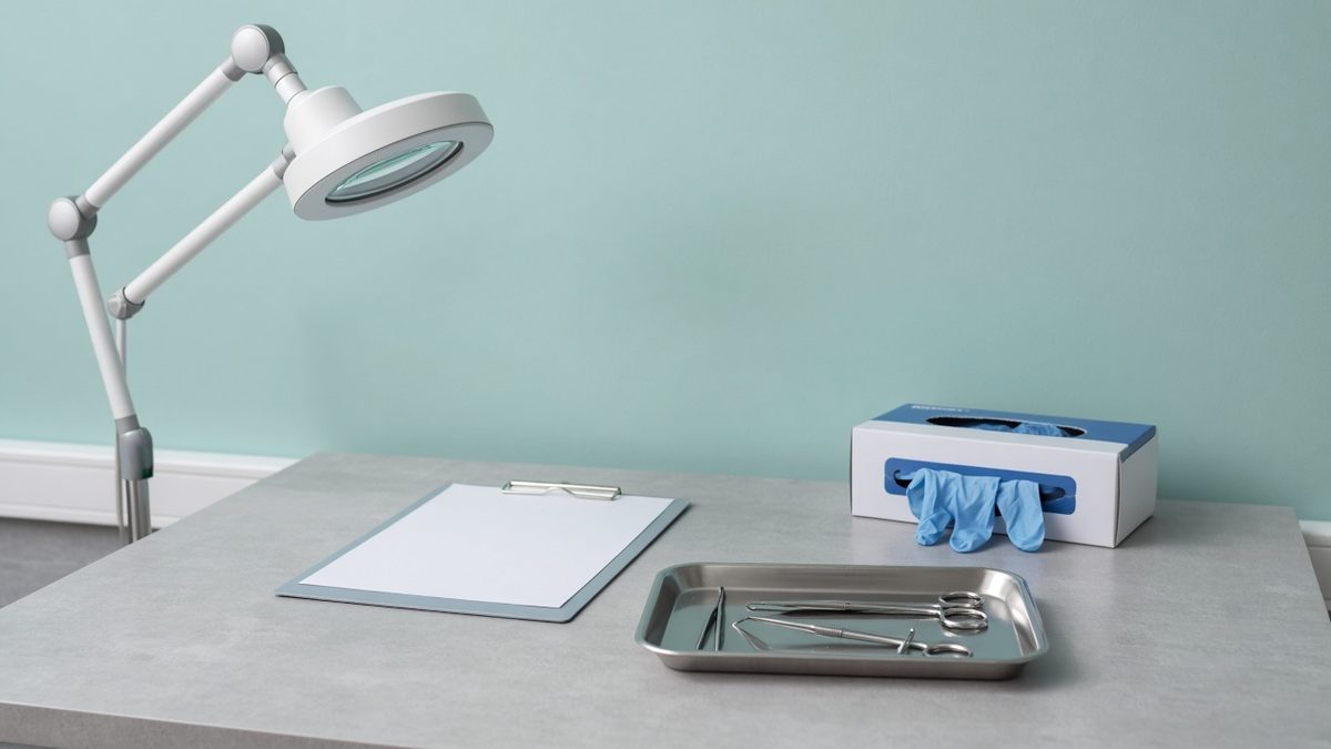 Counseling clinic desk with a medical clipboard and exam lamp
