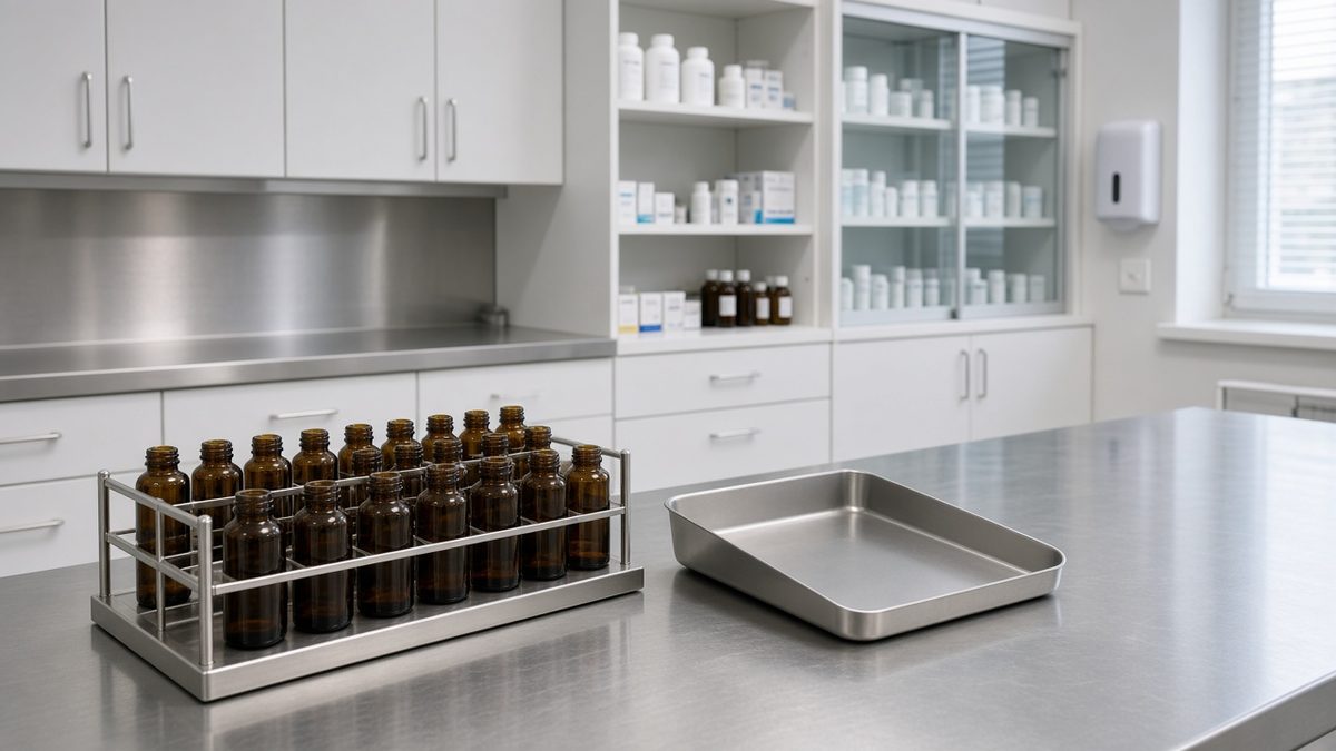 Clinic pharmacy counter with unlabeled amber vials