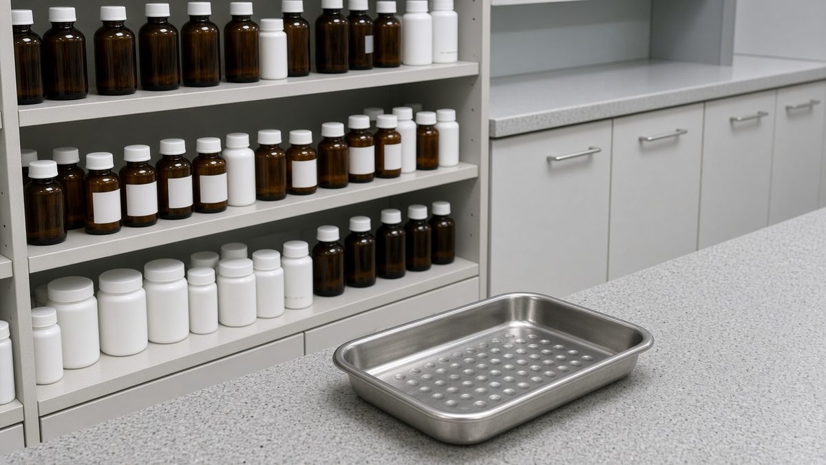 SATP clinic pharmacy shelf, unlabeled stock bottles