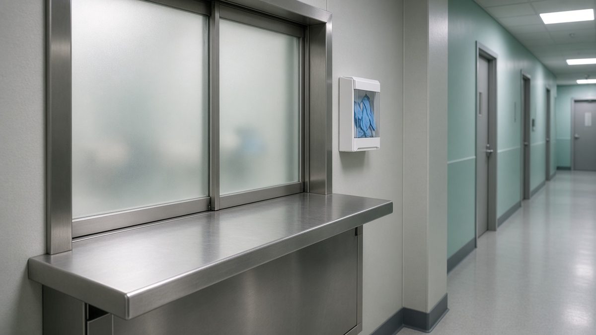 Medication window on a stainless clinic wall