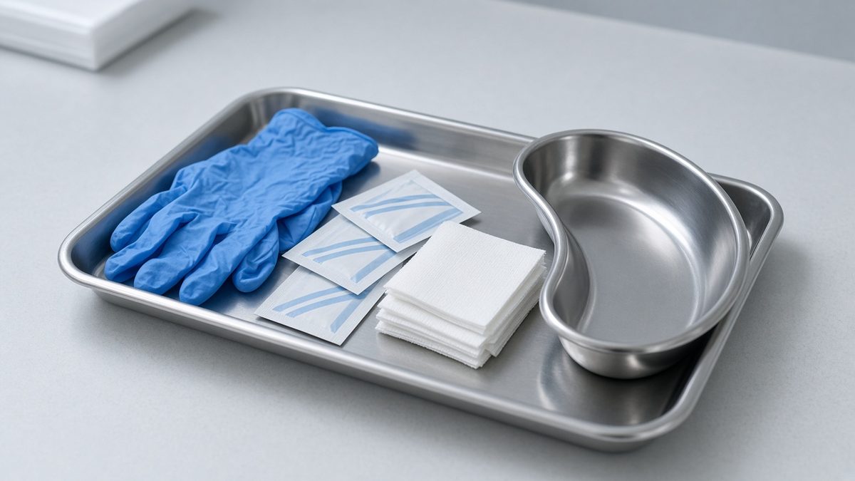 Stainless procedure tray with gloves and sealed swab packs