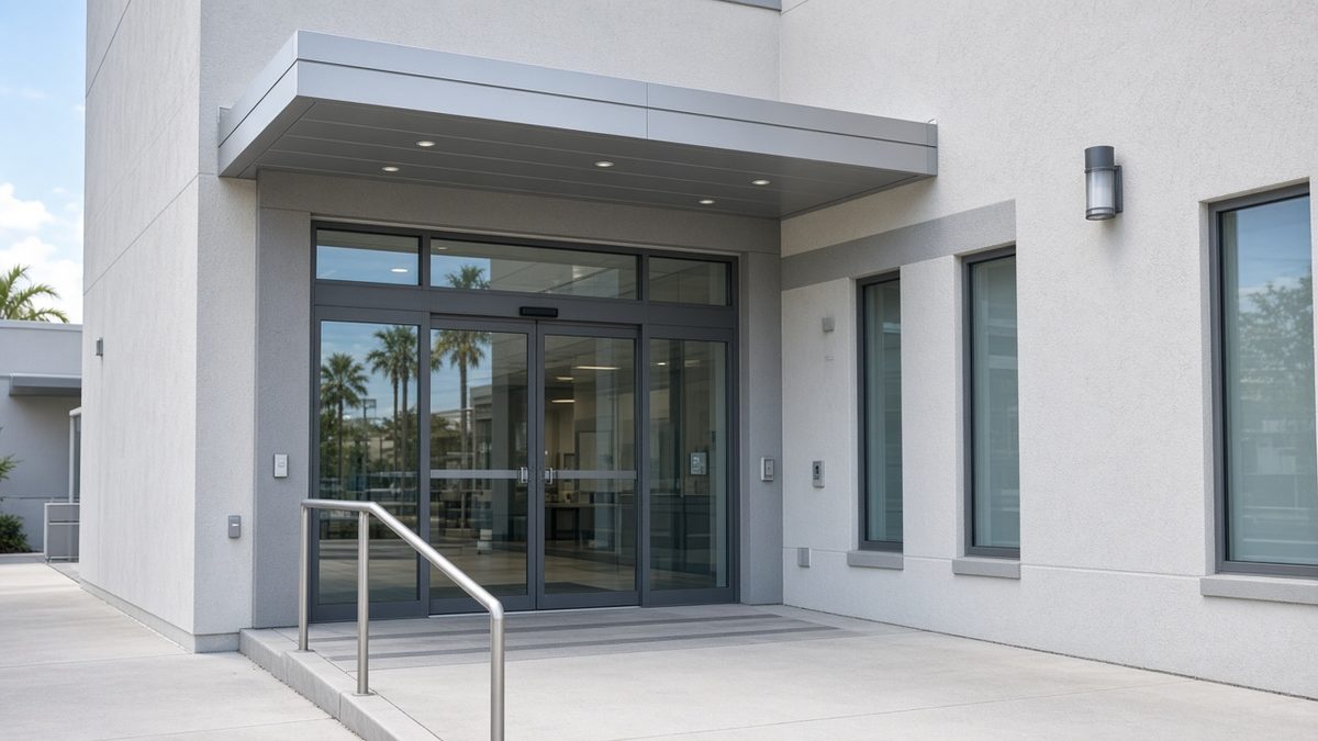 Clinic exterior canopy and automatic doors, medical facade