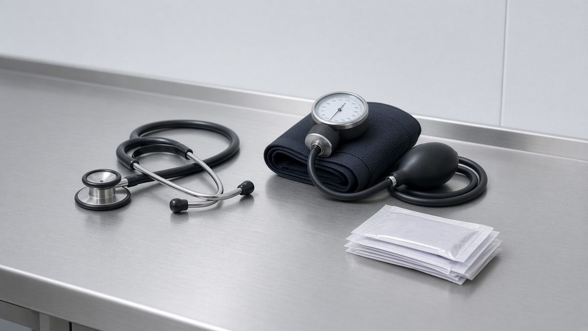 Exam counter with a stethoscope and blood-pressure cuff, no people