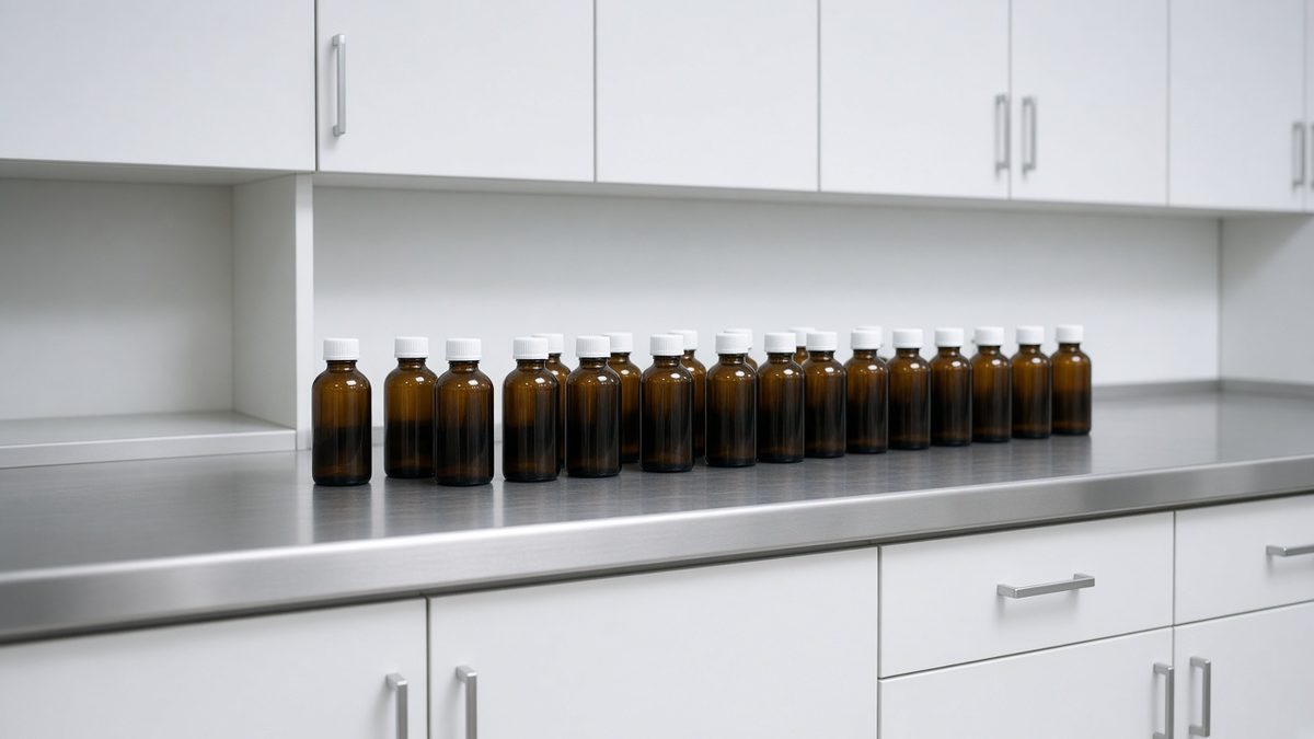 Unlabeled pharmacy bottles on a clinic dispensary shelf