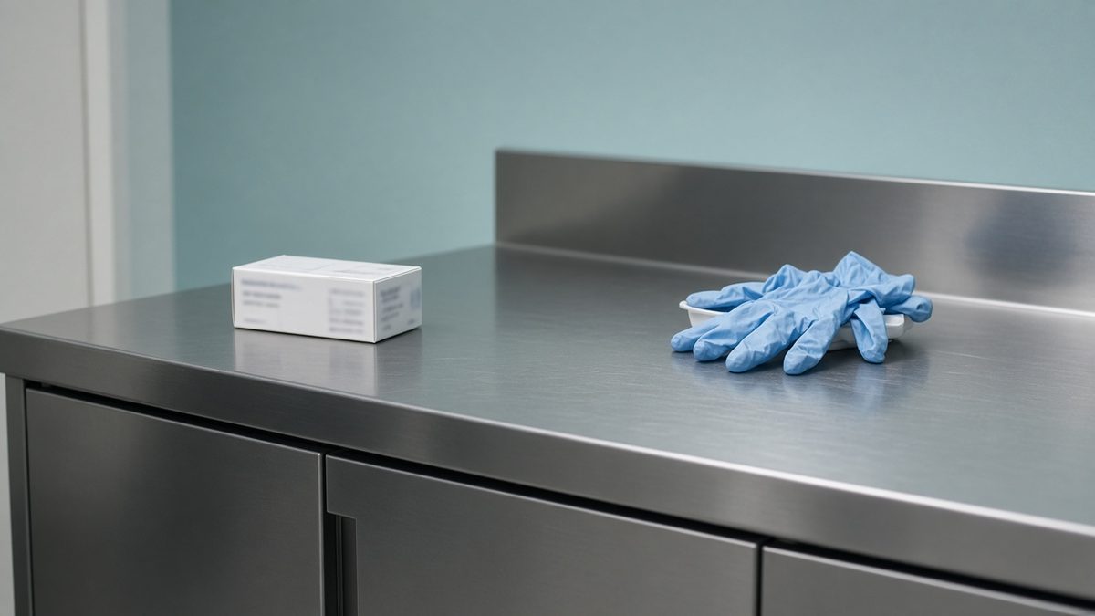 MAT clinic stainless counter with a sealed naloxone carton, no text