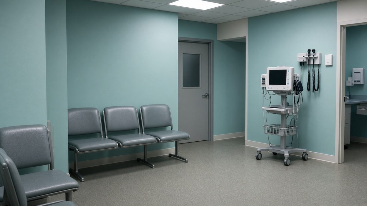 Walk-in crisis clinic: empty chairs and a triage monitor