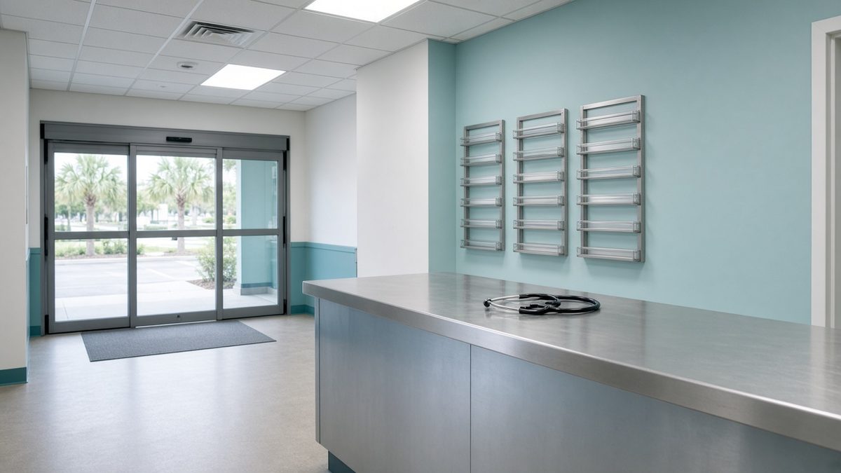 Empty Florida clinic reception: chart racks, stethoscope, stainless intake counter