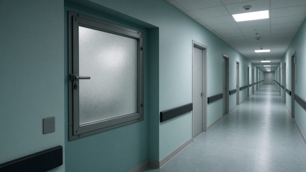 Psychiatric-unit corridor with locked med-room window