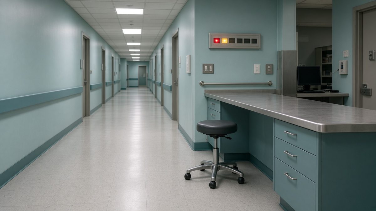 Hospital corridor and nurse station, cool clinical light, no beds