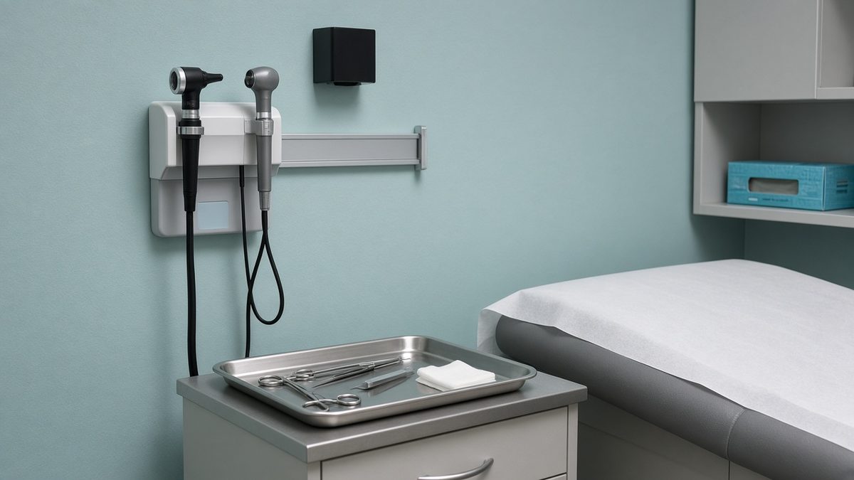 Outpatient exam room with a wall otoscope and stainless tray