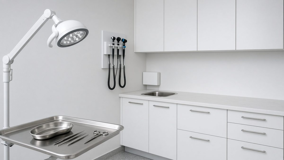 Private medical office: exam lamp and stainless instrument tray