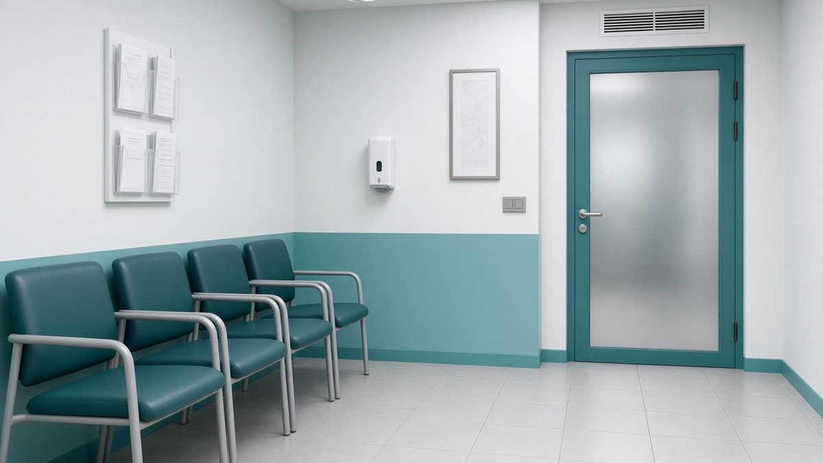 Private clinic waiting room with medical chairs and a chart rack
