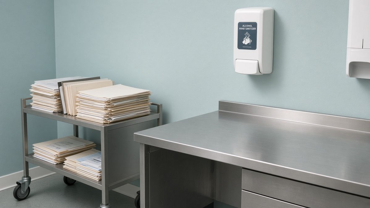 Aftercare clinic office with a medical file trolley