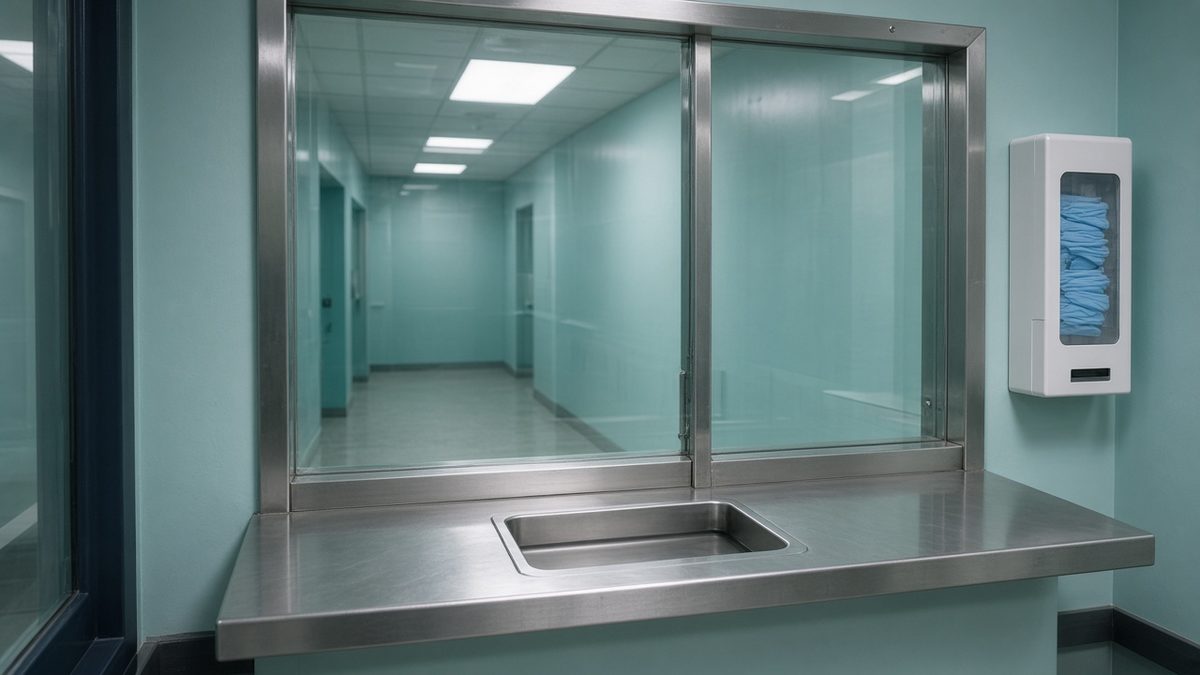 MAT clinic pass-through window, stainless and glass