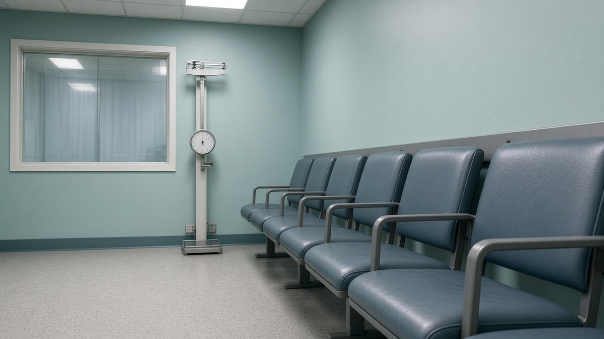 Clinic waiting bay: vinyl medical chairs and a height scale