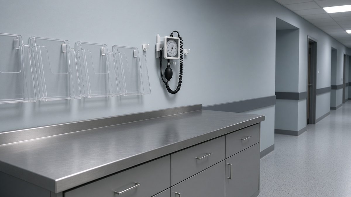 Residential-program medical intake counter, not a bedroom