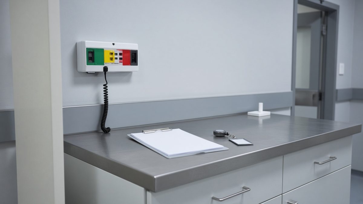 Nurse station intake clipboard and badge reel, empty desk