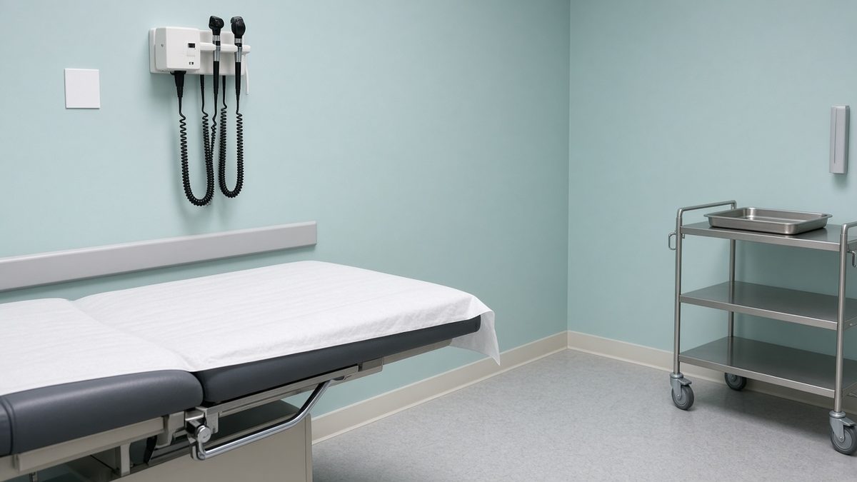 Community-health exam room, paper-covered table, no bed linens