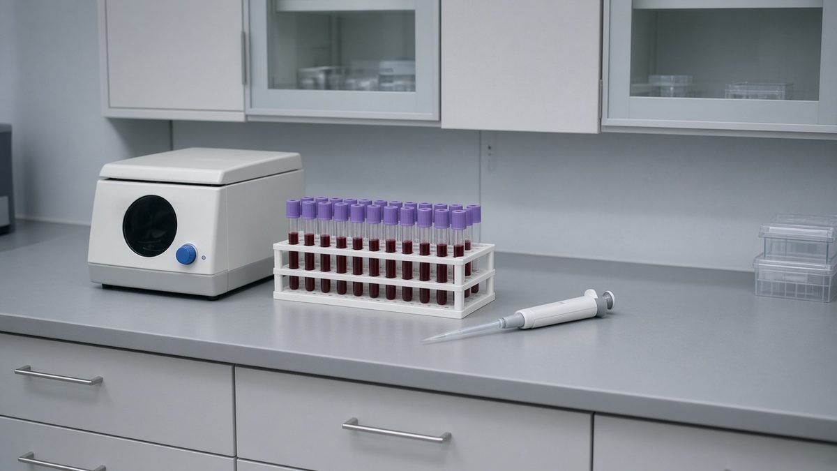 Clinical lab bench with a centrifuge and capped tubes