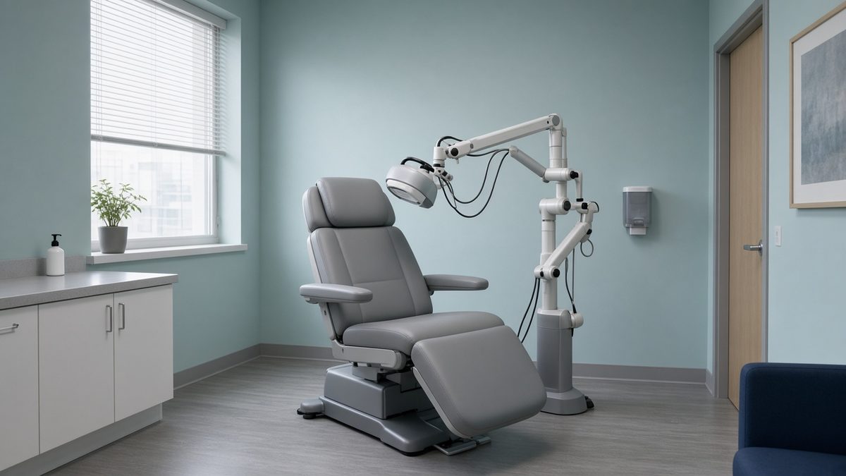 Behavioral-health clinic: TMS chair empty, clinical lighting